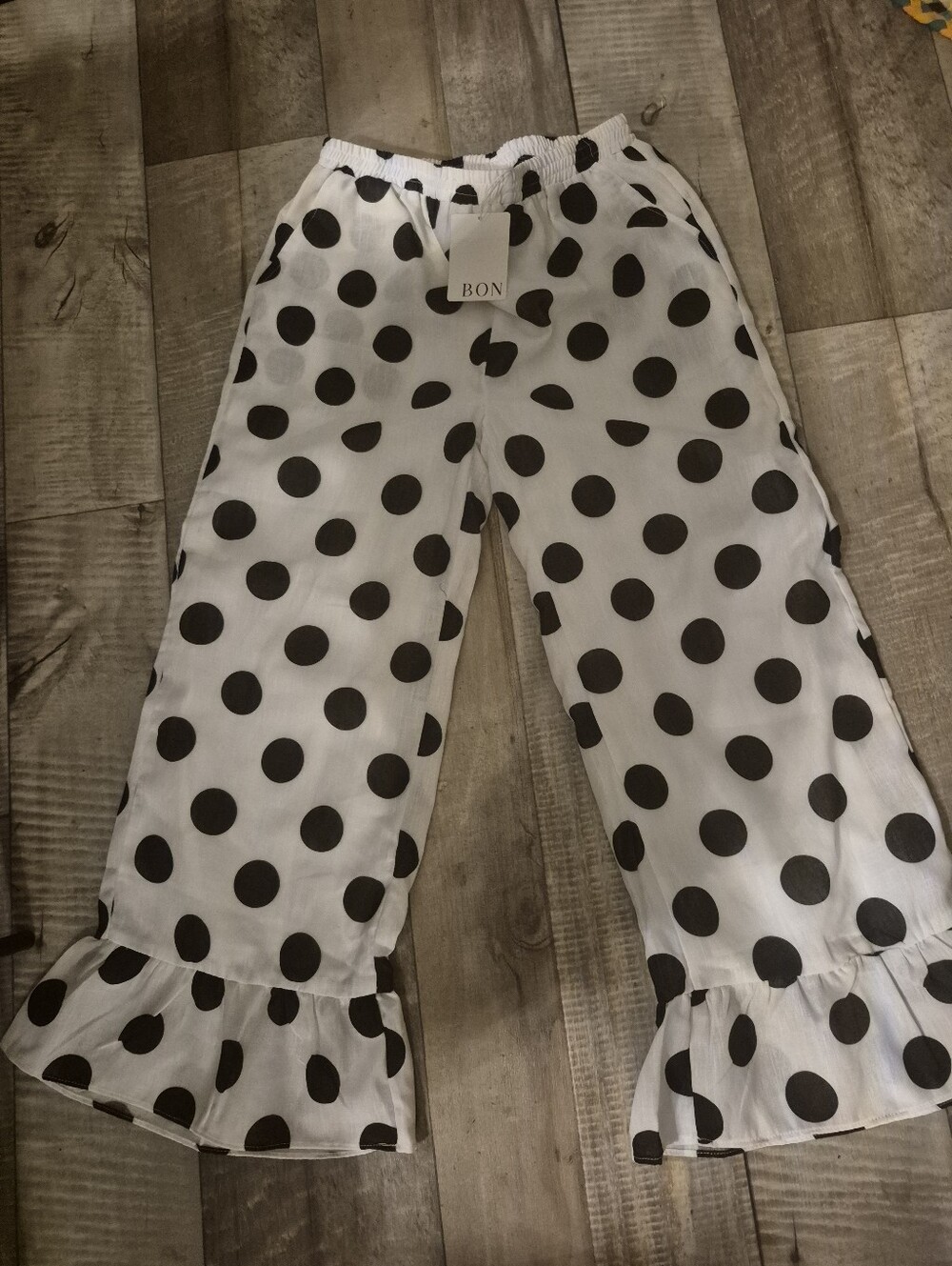 Bon Wide-Leg Ruffle Hem Polka Dots Cotton Fully Lined Relaxed Fit S NWT